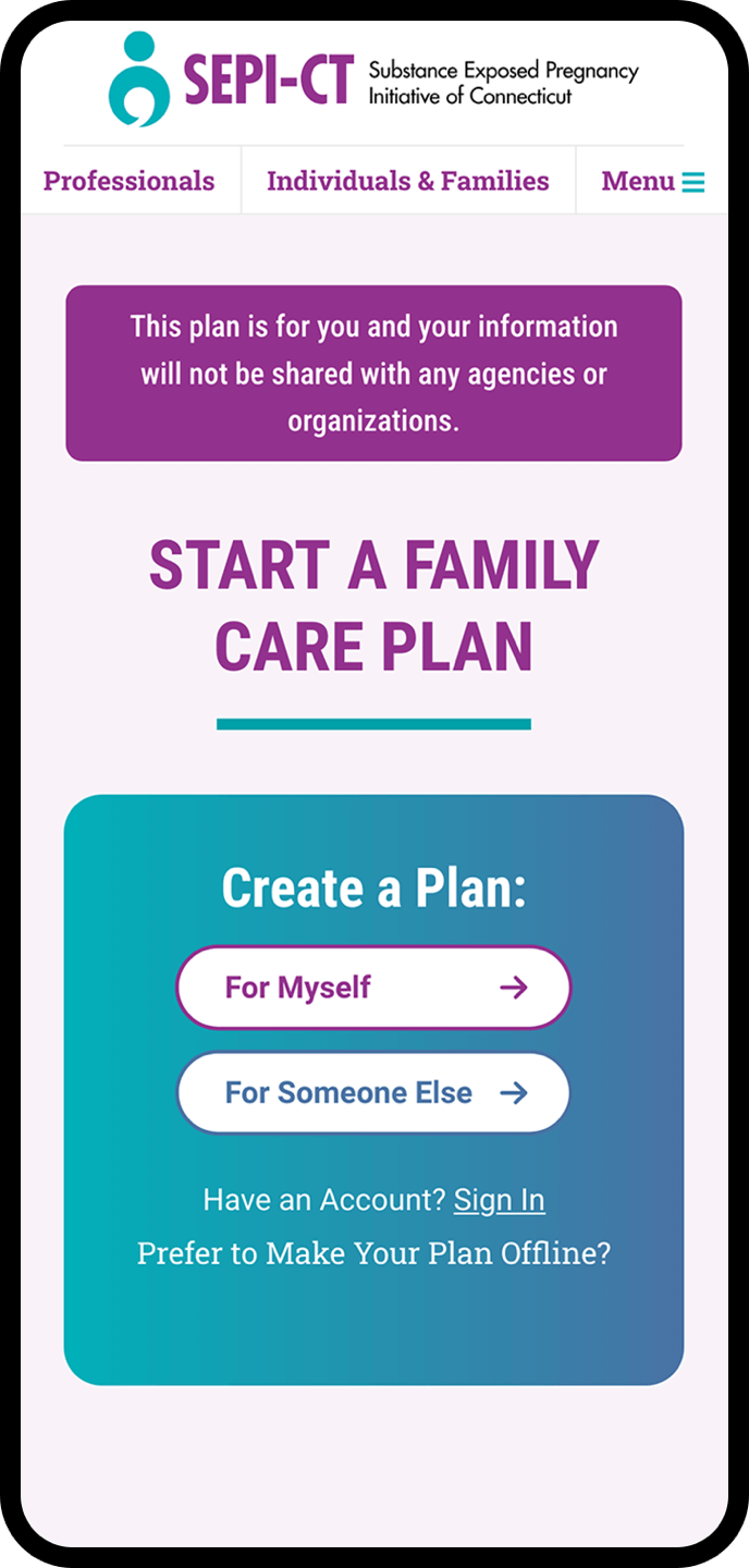Image of a phone showing the family care plan page of the SEPI website.